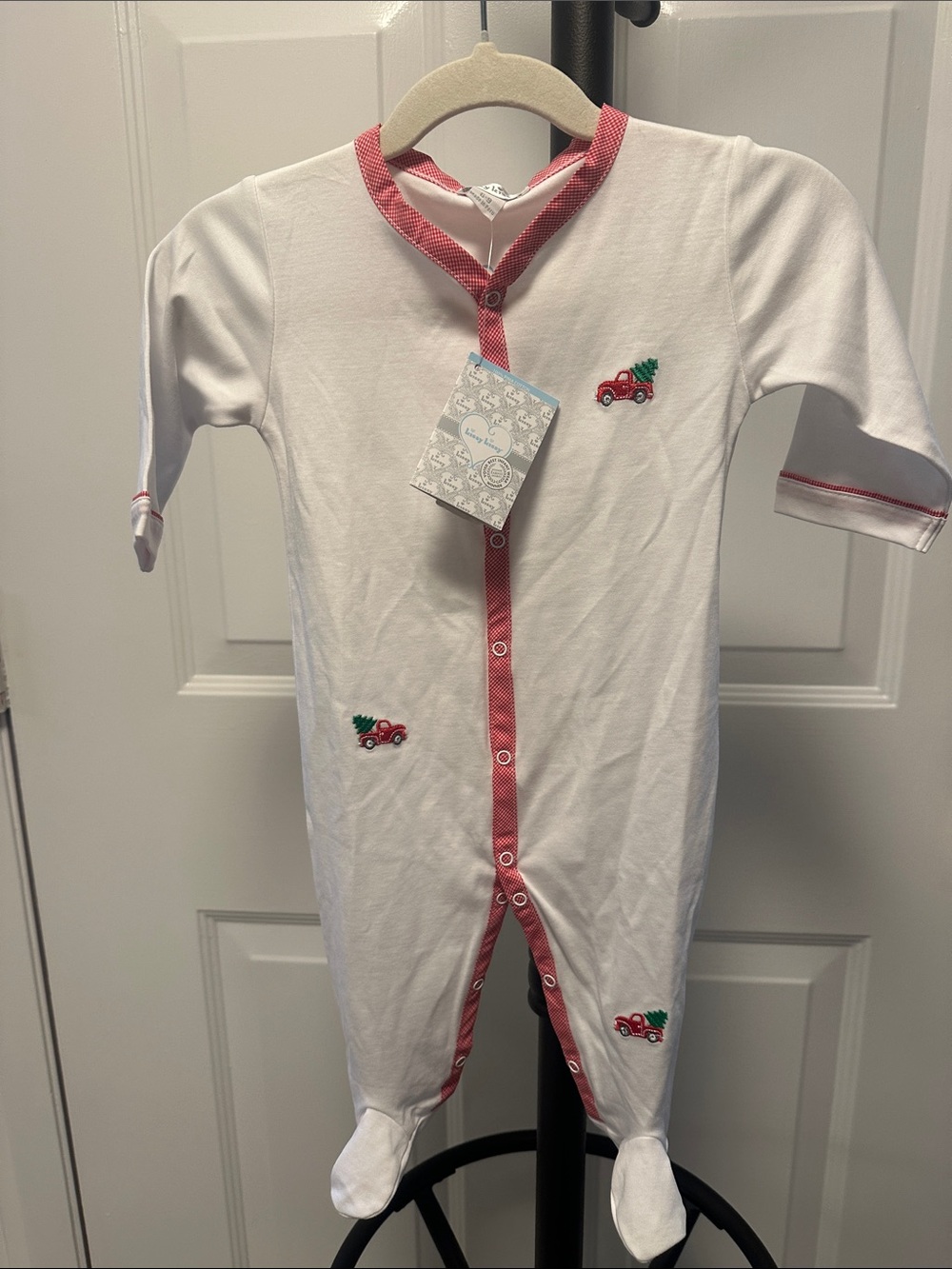Kissy Kissy White Footed One-Piece with Red Trim and Car Embroidery